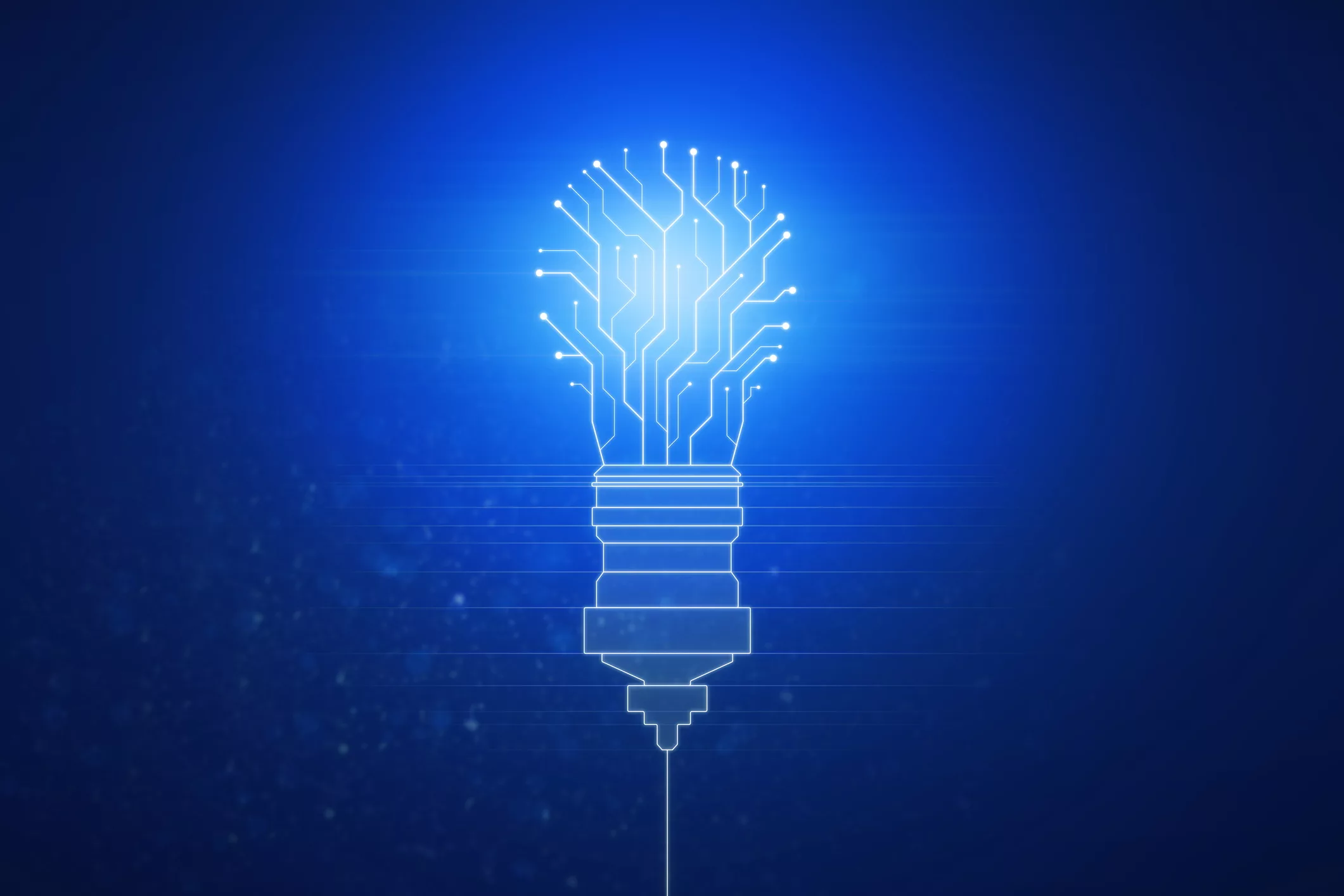 Abstract glowing circuit lamp on blue backdrop. Future, innovation and solution concept. 3D Rendering.